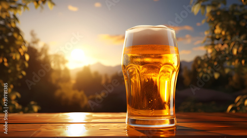 Glass of cold beer, mug product advertising on beer background with copy space
