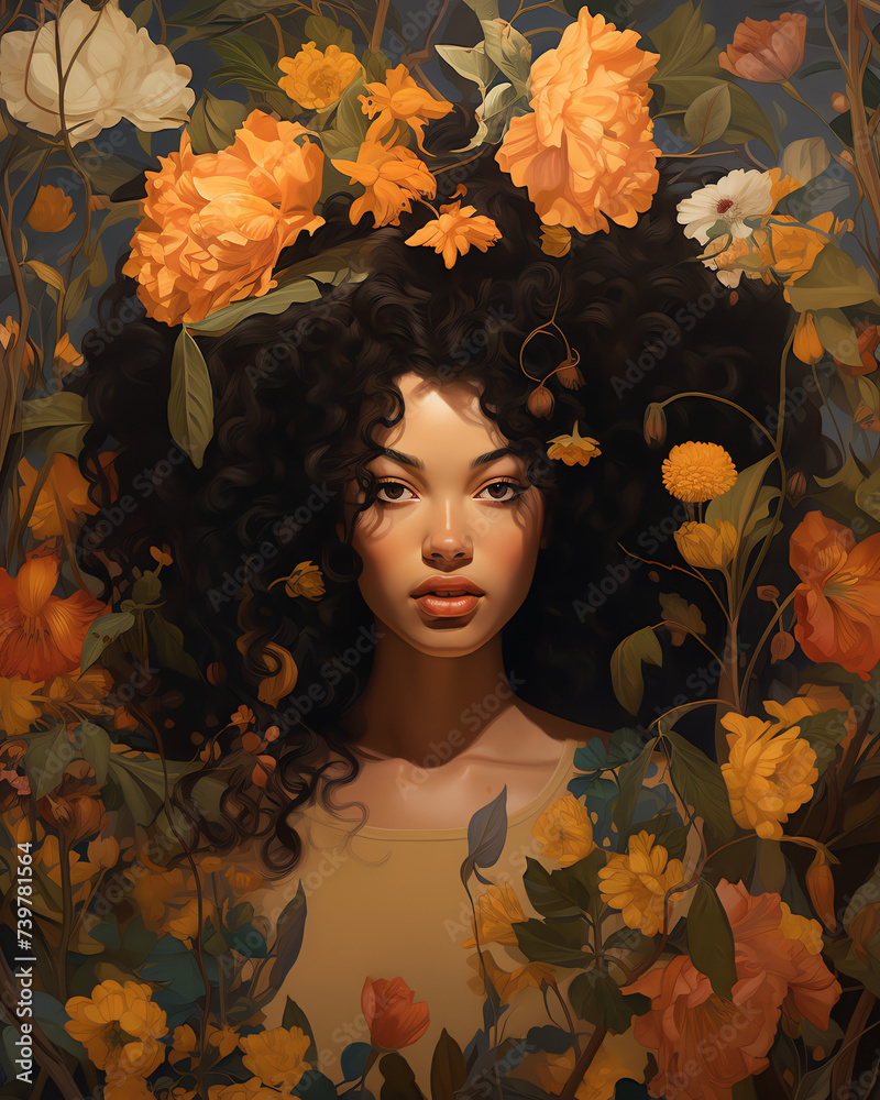 Schöne schwarze Frau mit Blumen