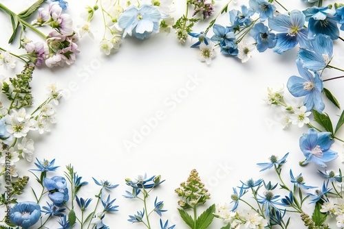 Soft blue empty spring frame with flowers isolated on white background Generative Ai © LayerAce.com