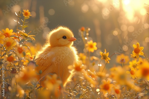 Adorable Little Chick Finds a Cozy Spot Among the Flowers