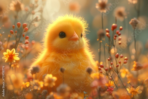 Adorable Little Chick Finds a Cozy Spot Among the Flowers