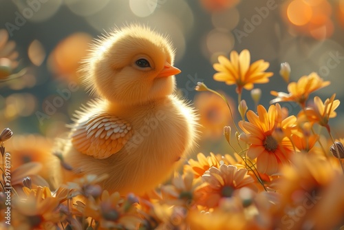 Adorable Little Chick Finds a Cozy Spot Among the Flowers