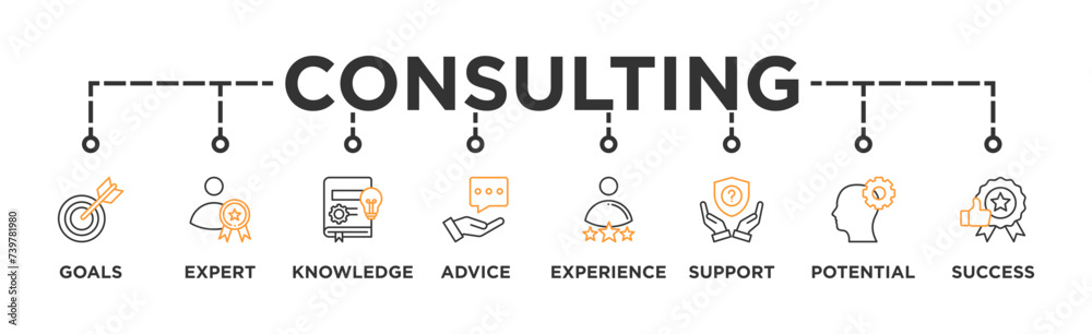 Consulting banner web icon vector illustration concept for business consultation with an icon of goals, expert, knowledge, advice, experience, support, potential, and success Consulting banner web icon vector illustration concept for business consultation with an icon of goals, expert, knowledge, advice, experience, support, potential, and success