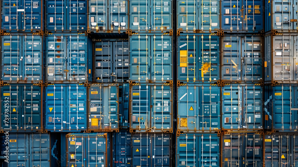 A group of cargo containers towering one on top of the other in a warehouse, forming a tall stack of metal boxes used for transportation and storage. - obrazy, fototapety, plakaty 