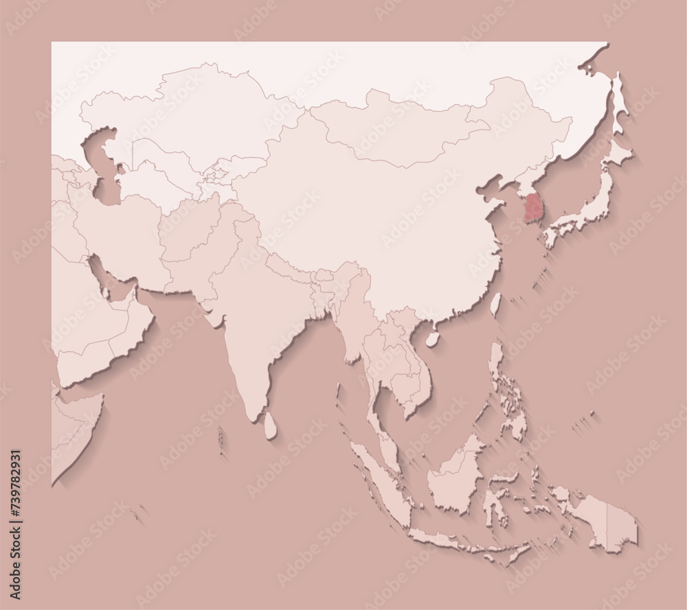 Vector illustration with asian areas with borders of states and marked country South Korea. Political map in brown colors with regions. Beige background