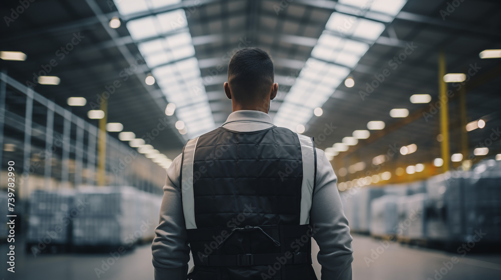 A man wearing a protective vest is seen from the back as he visits an aircraft factory, his posture reflecting focus and readiness,
A man wearing a protective vest is seen from the back as he visits an aircraft factory, his posture reflecting focus and readiness,