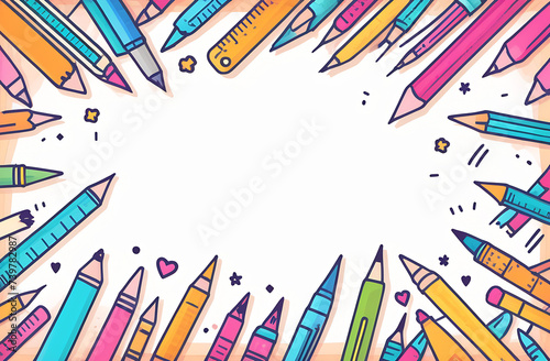 Colored pencils lying on white background, top view, place for text back to school