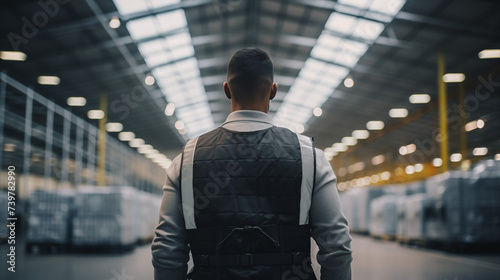  A man wearing a protective vest is seen from the back as he visits an aircraft factory, his posture reflecting focus and readiness, 