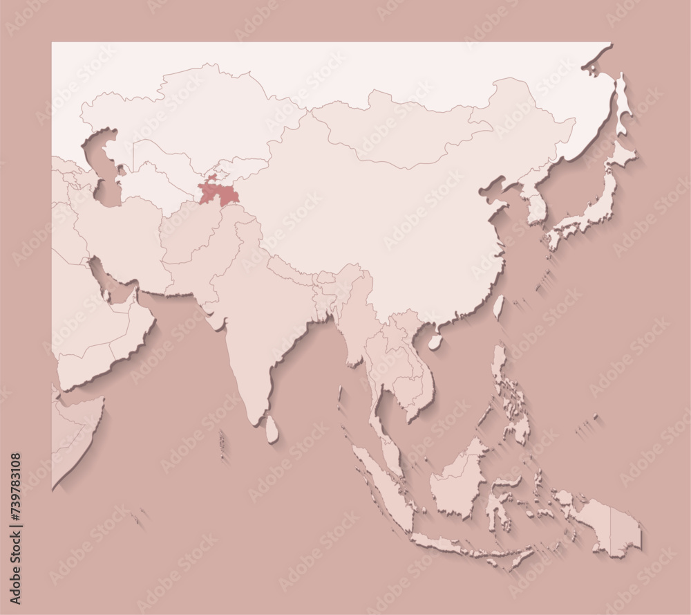 Obraz premium Vector illustration with asian areas with borders of states and marked country Tajikistan. Political map in brown colors with regions. Beige background