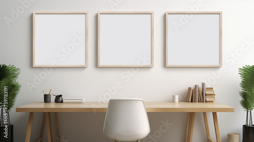 Sleek and Simple Home Office with Triple Frame Wall Art Mockup © HecoPhoto