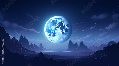 Lunar landscape with full moon in night sky