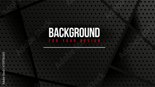 Black perforated metal plate - texture steel background. Perforated sheet metal. Abstract dark gray circle mesh pattern background with lines, shadows and copy space for text