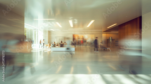 Interior of modern open space hall with people figures blurred by long exposure