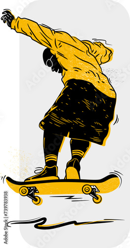 Stylized illustration of man jumping on skateboard