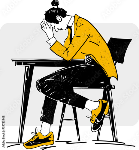 Sad disappointed man in jacket sitting behind table with head in hands