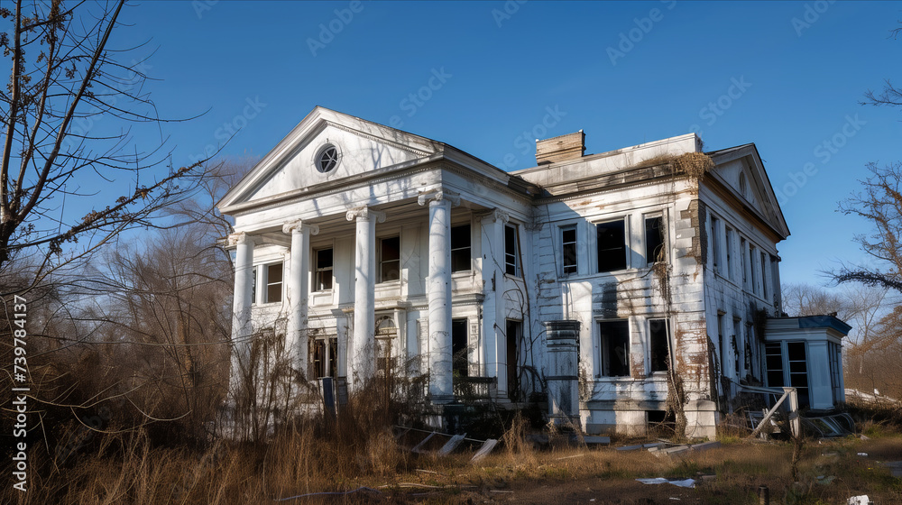 A weathered, forgotten house sits isolated in a desolate landscape, its cracked walls and overgrown yard silent witnesses to its lonely existence.