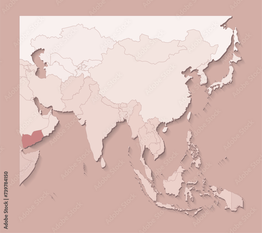 Vector illustration with asian areas with borders of states and marked country Yemen. Political map in brown colors with regions. Beige background
