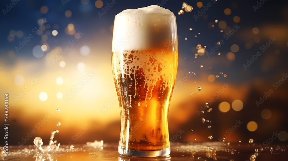 Glass of cold beer, mug product advertising on beer background with copy space - obrazy, fototapety, plakaty 