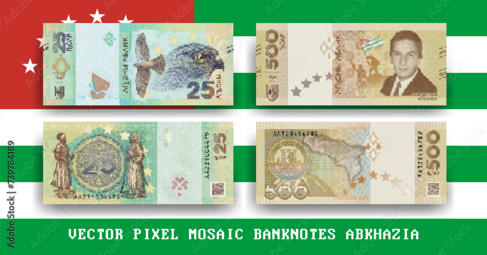 Vector set of pixel mosaic banknotes of Republic of Abkhazia. Collection of notes in denominations of 25 and 500 apsars. Obverse and reverse. Play money or flyers.