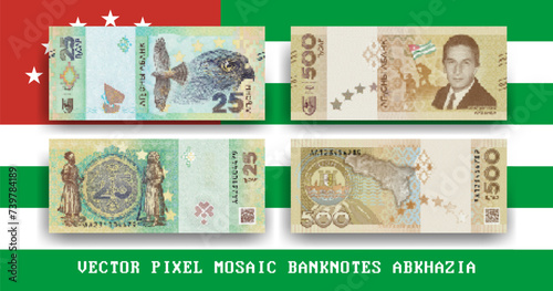 Vector set of pixel mosaic banknotes of Republic of Abkhazia. Collection of notes in denominations of 25 and 500 apsars. Obverse and reverse. Play money or flyers.