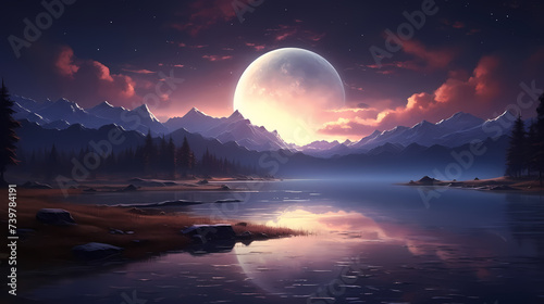 Lunar landscape with full moon in night sky © xuan