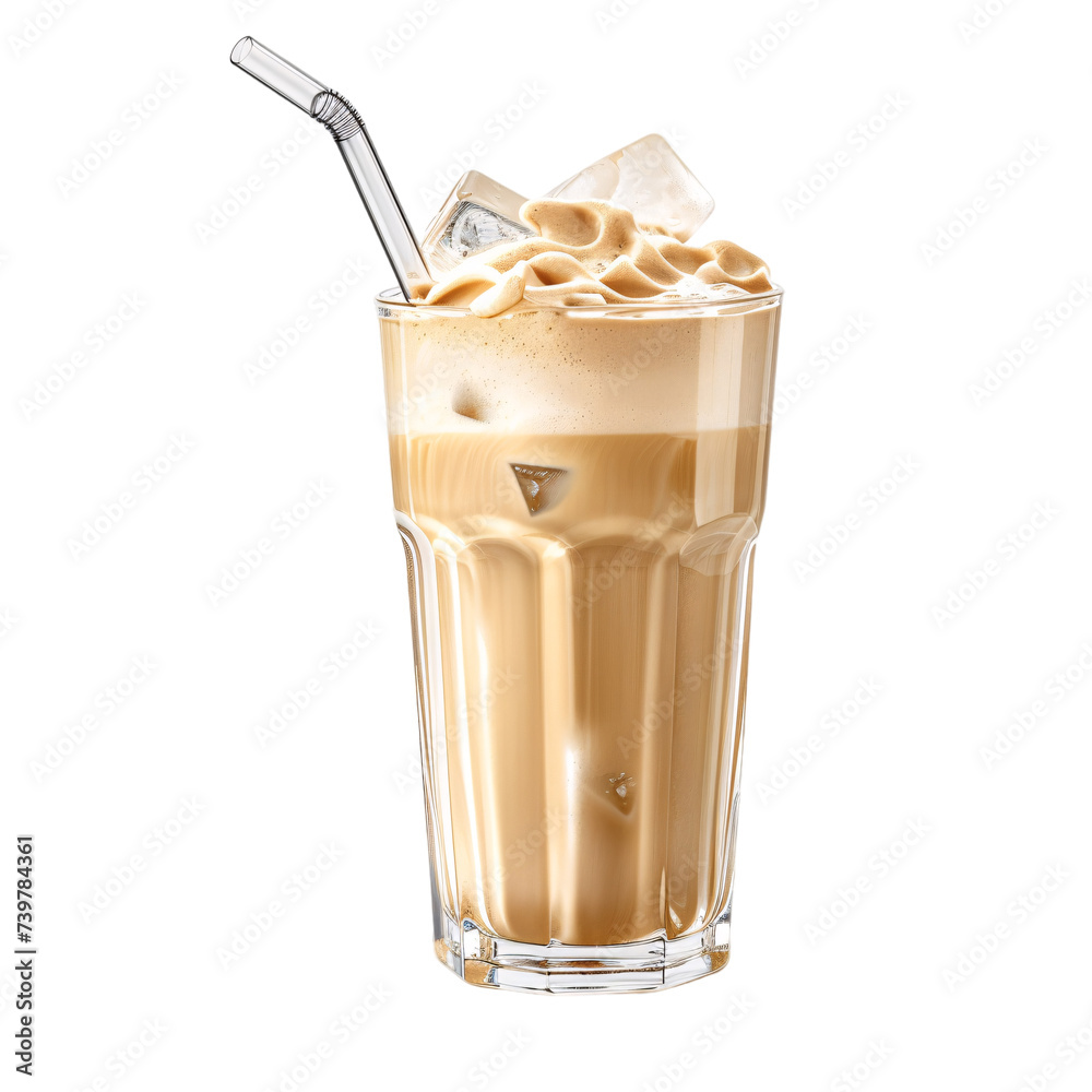 A glass of tasty cappuccino with ice cubes and a straw on an isolated background A glass of tasty cappuccino with ice cubes and a straw on an isolated background