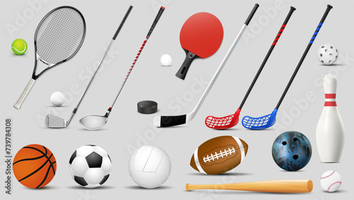 Group of different sport balls and other stuff - basketball, football, tennis, rugby, soccer, baseball, volleyball, golf, table tennis, ice hockey and bowling equipment