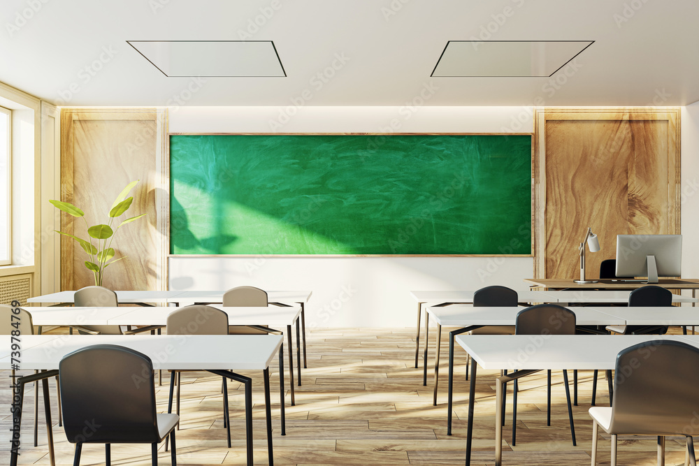 Contemporary classroom setting with green chalkboard and wooden elements, daylight interior. 3D Rendering Contemporary classroom setting with green chalkboard and wooden elements, daylight interior. 3D Rendering