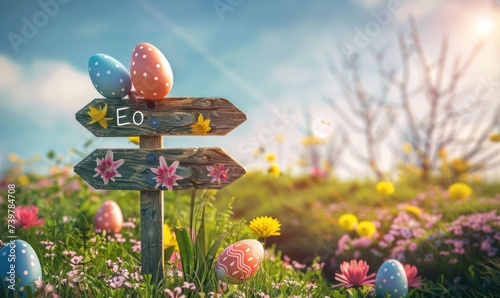 An Easter egg hunt signpost, pointing the way to hidden delights photo