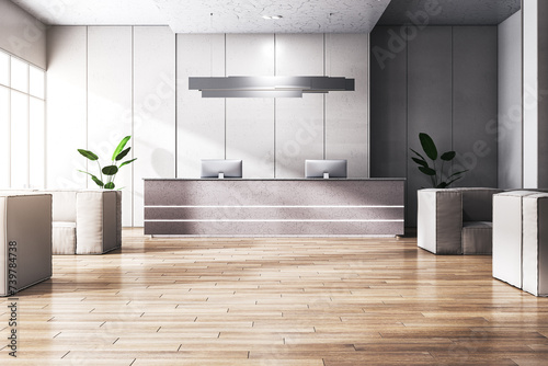 Clean wooden and concrete office interior with reception desk and sunlight. 3D Rendering. © Who is Danny
