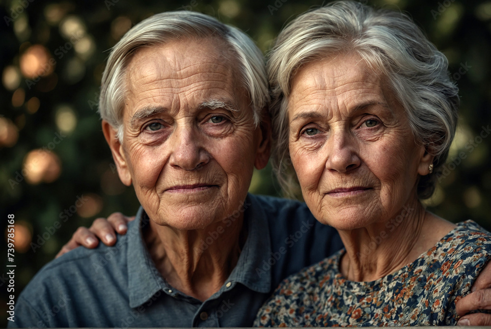 The timeless connection between a middle aged elderly retired family couple through a close-up portrait that highlights the depth of their shared experiences and enduring love. The timeless connection between a middle aged elderly retired family couple through a close-up portrait that highlights the depth of their shared experiences and enduring love.