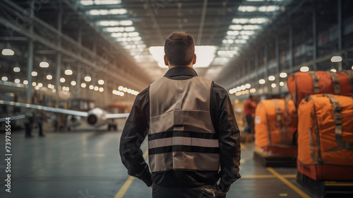As he strides through the corridors of an aircraft factory, a man wearing a protective vest is depicted from behind © Jhati