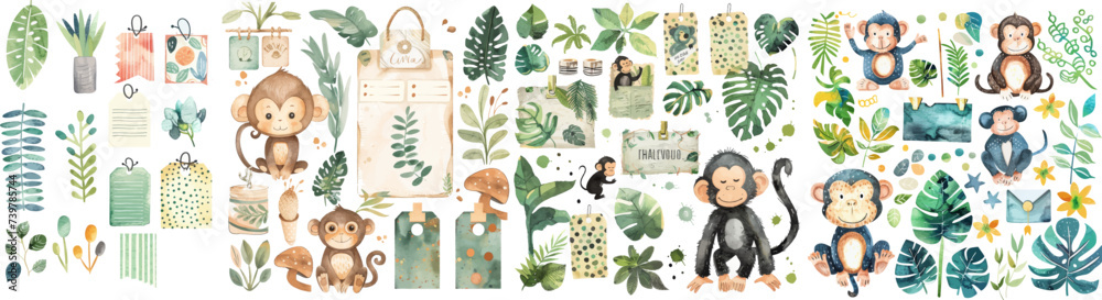 Jungle Adventure Watercolor Set with Playful Monkeys and Foliage. A vibrant collection of watercolor illustrations featuring playful monkeys, lush foliage, and whimsical stationery items