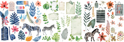 Charming Watercolor Stationery and Flora Collection. Whimsical watercolor illustration showcasing an assortment of stationery items and vibrant flora with playful wildlife accents. photo