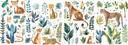 Watercolor Wild Cats and Tropical Foliage Collection. Hand-painted watercolor set featuring charming wild cats, cacti, and lush tropical leaves, perfect for creative designs. photo