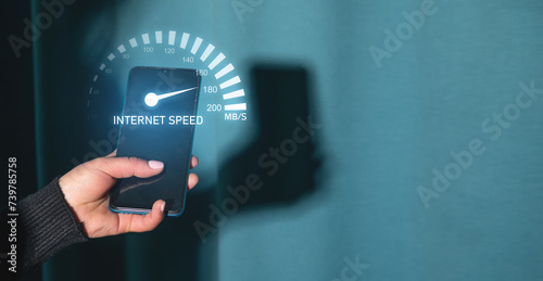 Girl showing internet speedometer. Speed. Technology. Network