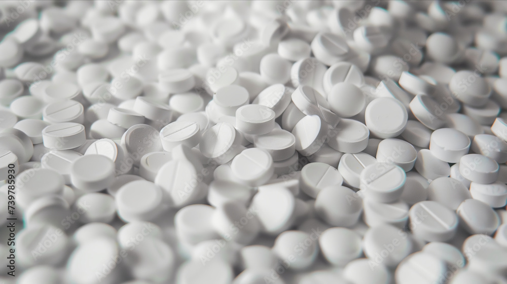 A cascade of white pills elegantly stacked on a table, creating a mesmerizing display of pharmaceutical beauty and symmetry. A cascade of white pills elegantly stacked on a table, creating a mesmerizing display of pharmaceutical beauty and symmetry.
