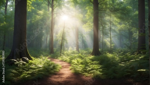 Tranquil forest scene  sunlight filtering through the canopy  dappling the forest floor with light and shadow  ideal for nature blogs or meditation apps. generative AI