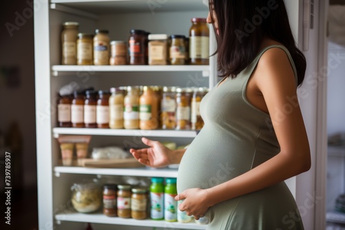 
Close-up photography of a pregnant woman reaching for fortified foods and beverages rich in essential nutrients like iron and folic acid, prioritizing foods that meet New Food Restrictions and FDA 