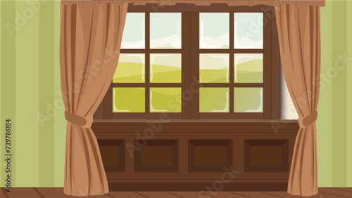 Inside the room is a beautiful window and curtains. Outside of that is the actual visual background