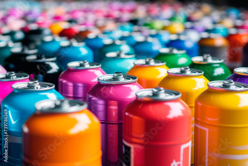 Set of colorful spray paint cans in row. 3d render spray paint bottle and dispenser.