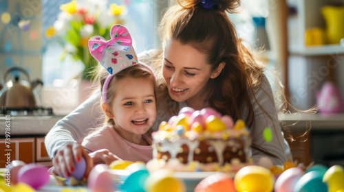 Mother with daughter baking easter cake in the kitchen