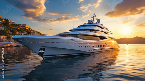 Luxury yacht docked at sunset, calm ocean, exclusive seafaring lifestyle, moored in harbor, tranquil marine scene, opulence