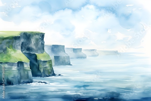 Watercolor Ireland cliffs of Moher landscape background for nature country symbol illustration design photo