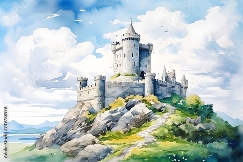 Watercolor Irish castle in blue sky landscape illustration background for nature holiday decoration