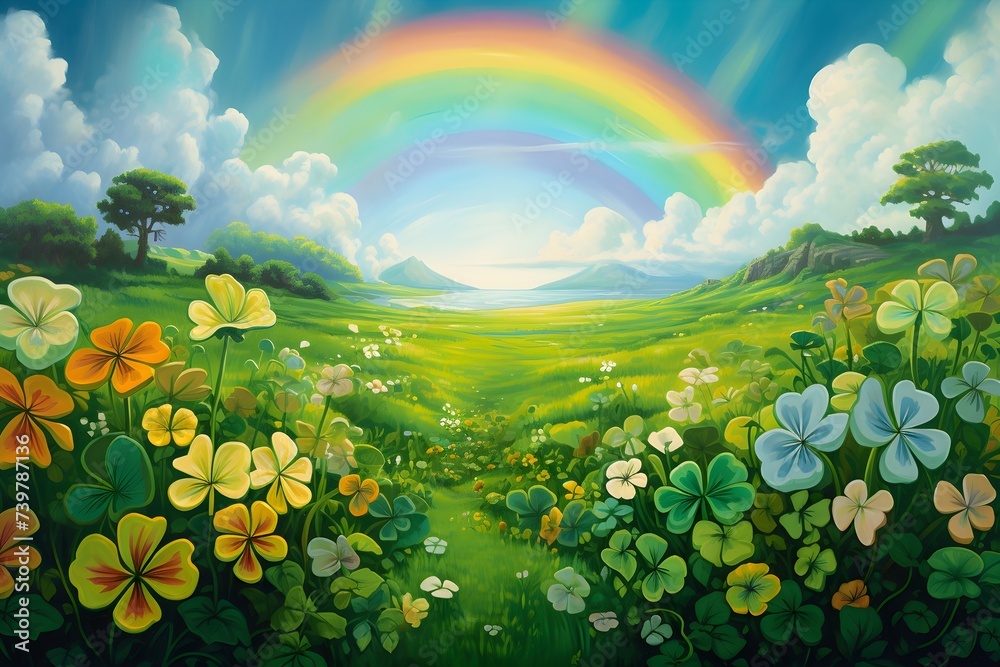 Magical shamrock clover field with rainbow cloud scenery cartoon illustration for backdrop background wallpaper cover 