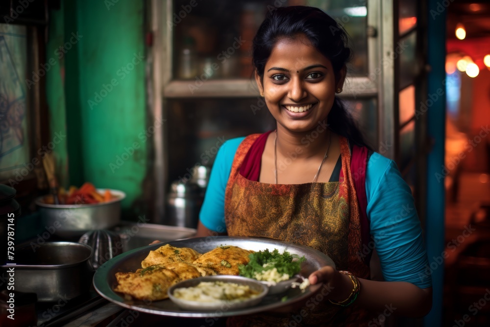 Indian woman relishing a serving of masala dosa at a quaint café in the heart of Bengaluru