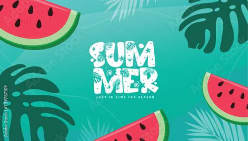Summer text greeting vector template design. Summer time greeting with monstera leaf, palm leaves and watermelon tropical season background. Vector illustration summer greeting template.
