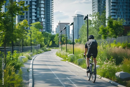 A cyclist rides on a sustainable city bike path, surrounded by greenery and eco-friendly urban infrastructure. photo