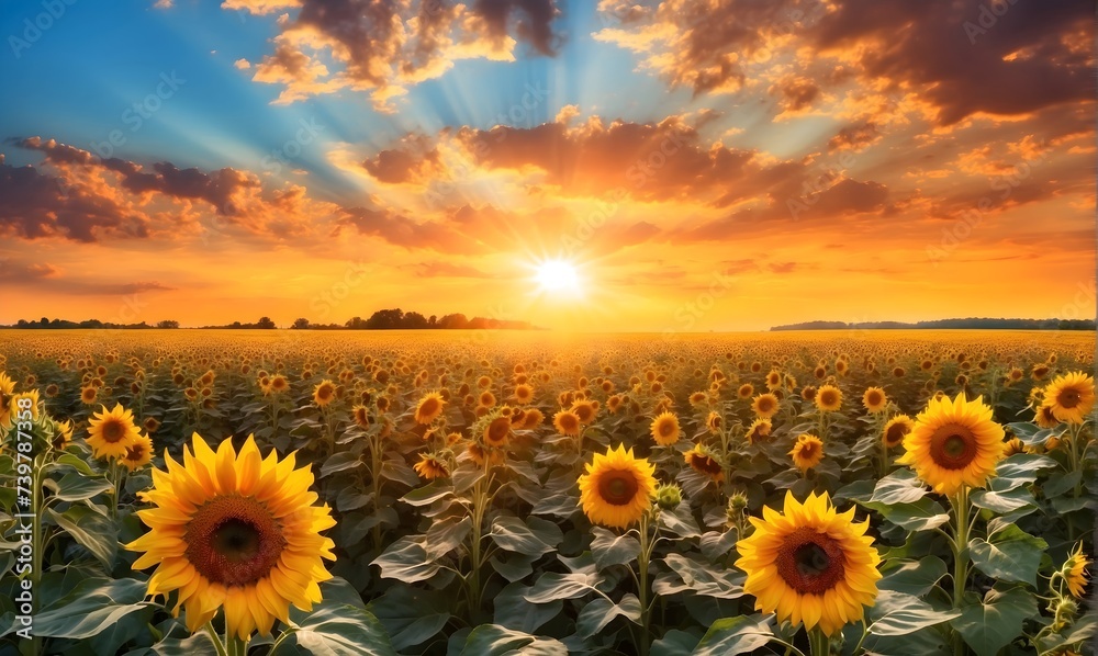 Vibrant sunrise over a field of sunflowers, golden rays illuminating the cheerful blooms, a symbol of optimism and new beginnings. generative AI